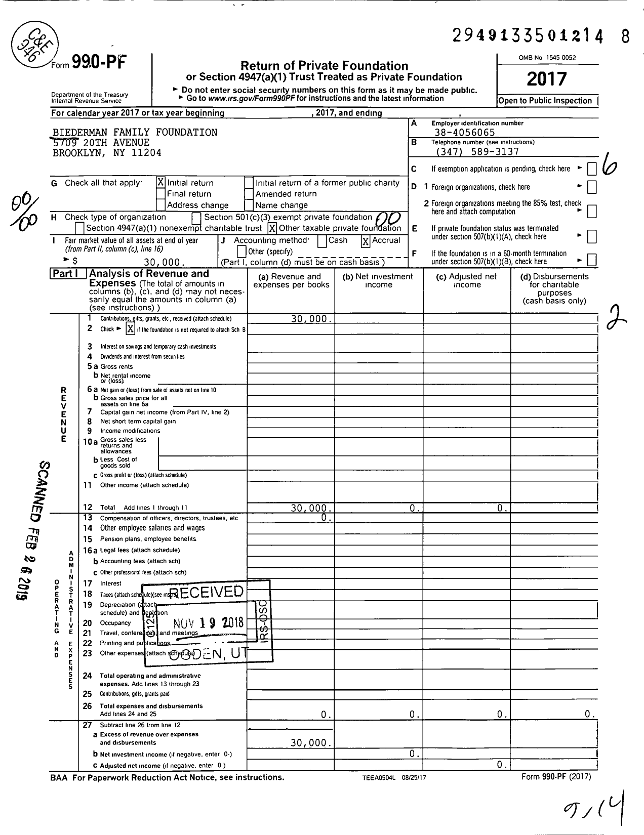 Image of first page of 2017 Form 990PF for Biederman Family Foundation