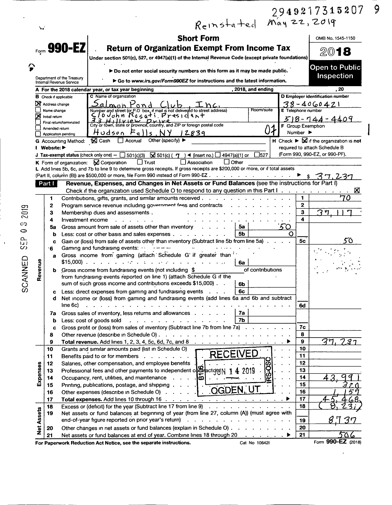 Image of first page of 2018 Form 990EO for Salmon Pond Club