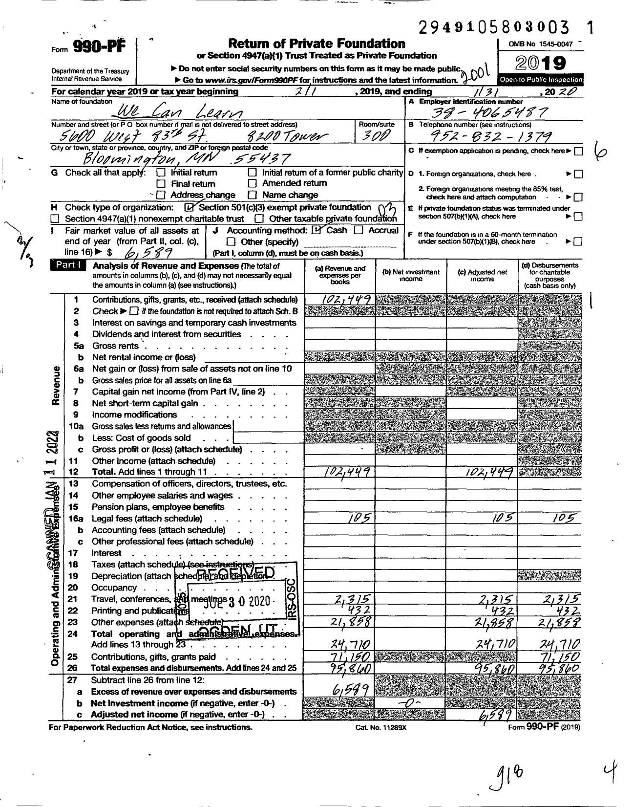 Image of first page of 2019 Form 990PF for We Can Learn