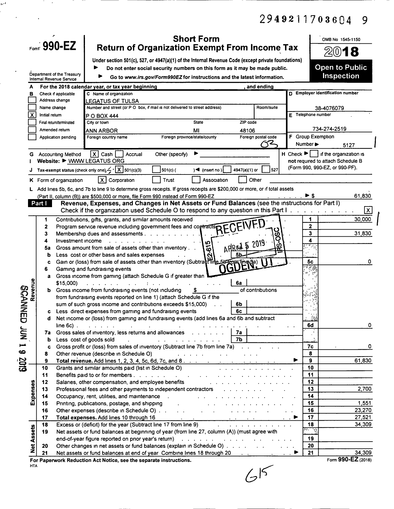 Image of first page of 2018 Form 990EZ for Legatus of Tulsa