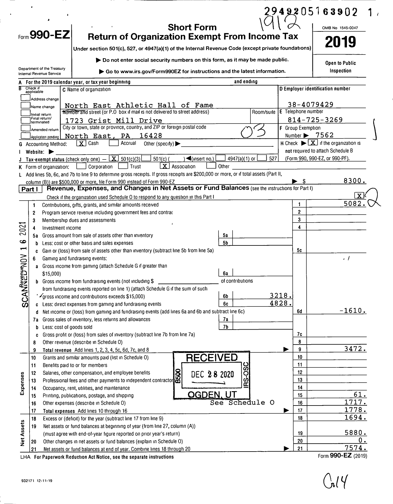 Image of first page of 2019 Form 990EZ for North East Athletic Hall of Fame