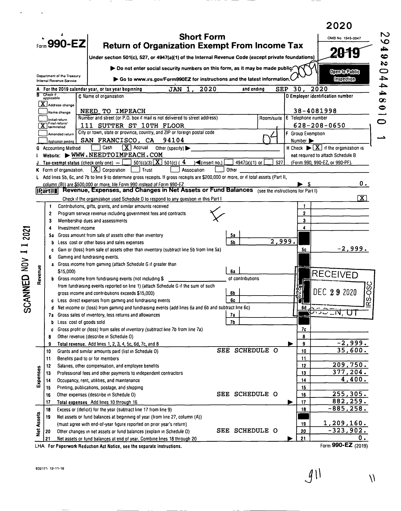 Image of first page of 2019 Form 990EO for Need To Impeach