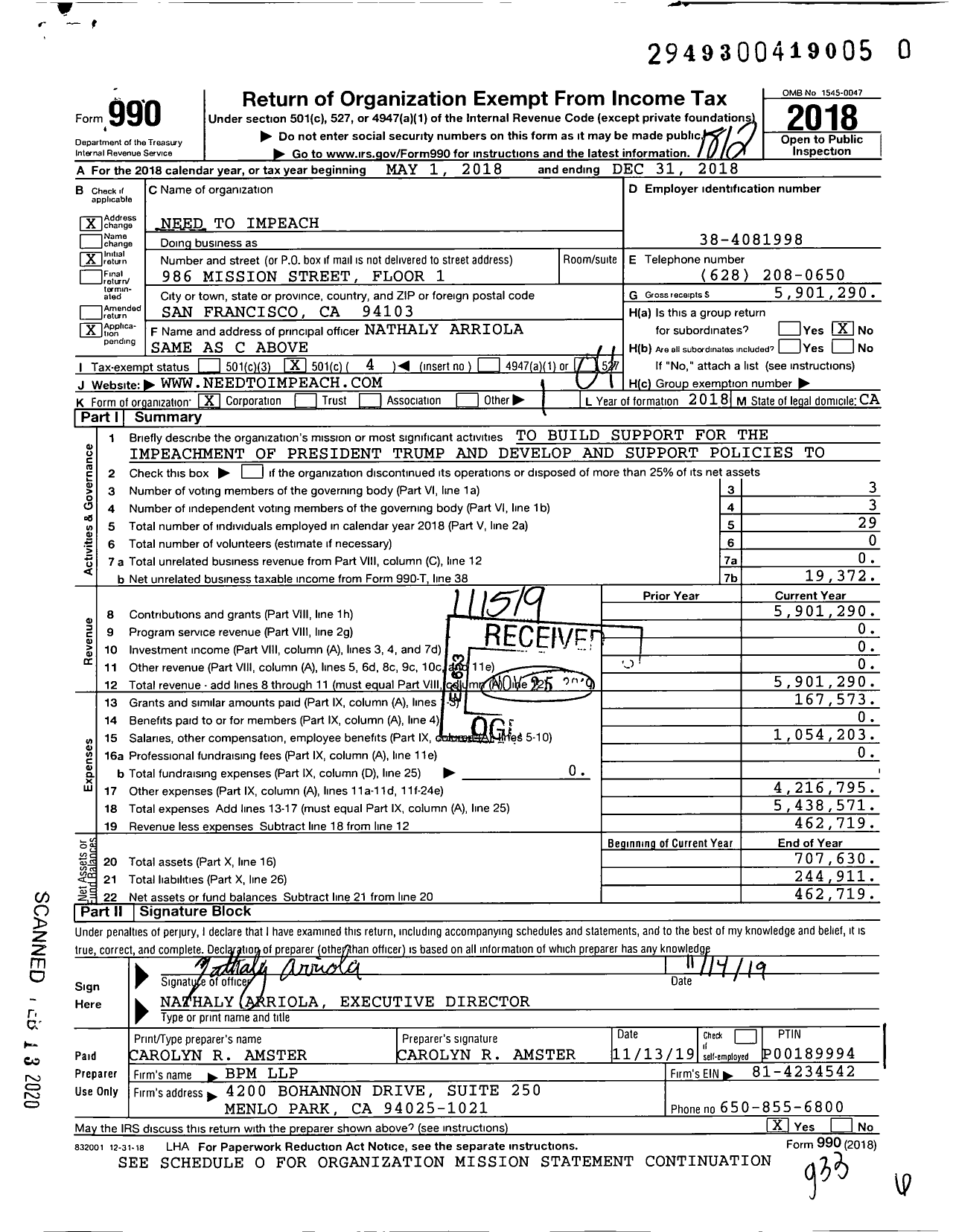 Image of first page of 2018 Form 990O for Need To Impeach