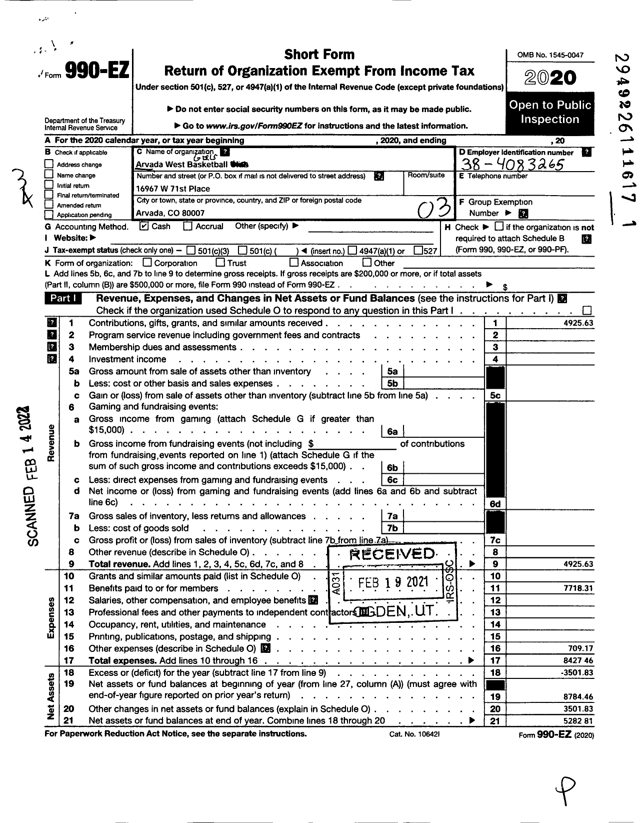 Image of first page of 2020 Form 990EZ for Arvada West Girls Basketball