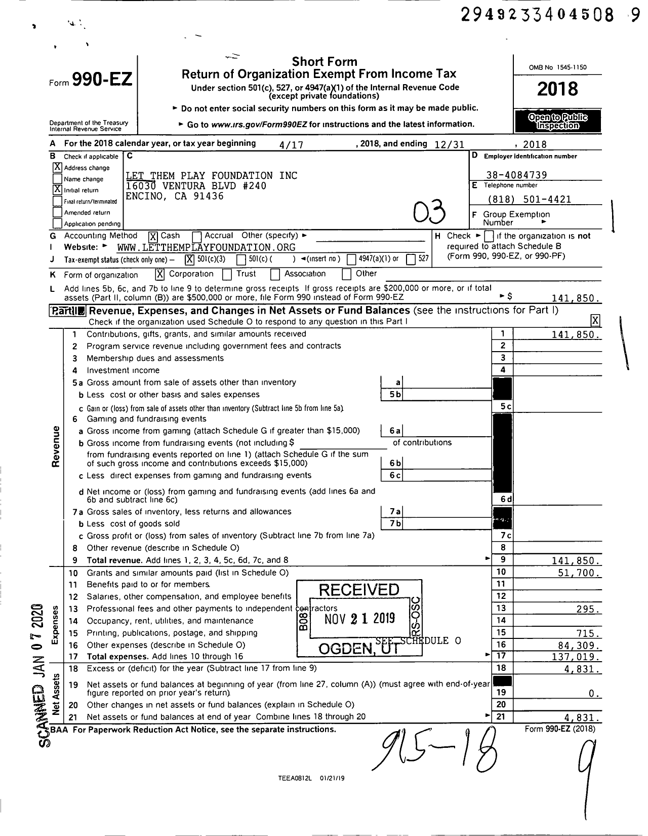 Image of first page of 2018 Form 990EZ for Let Them Play Foundation