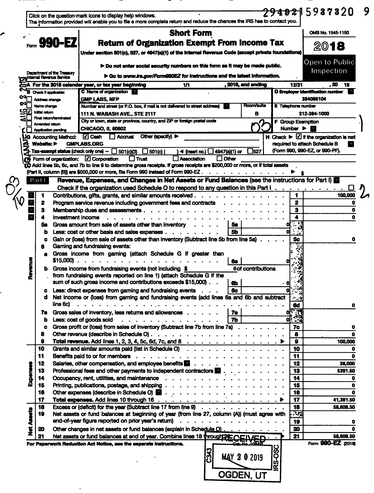 Image of first page of 2018 Form 990EZ for GMP Labs