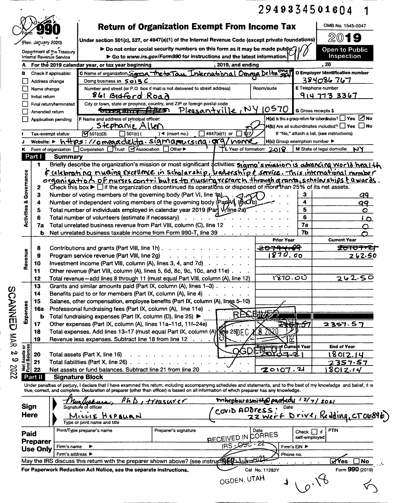 Image of first page of 2019 Form 990 for Sigma Theta Tau - 554 Omega Delta Chapter