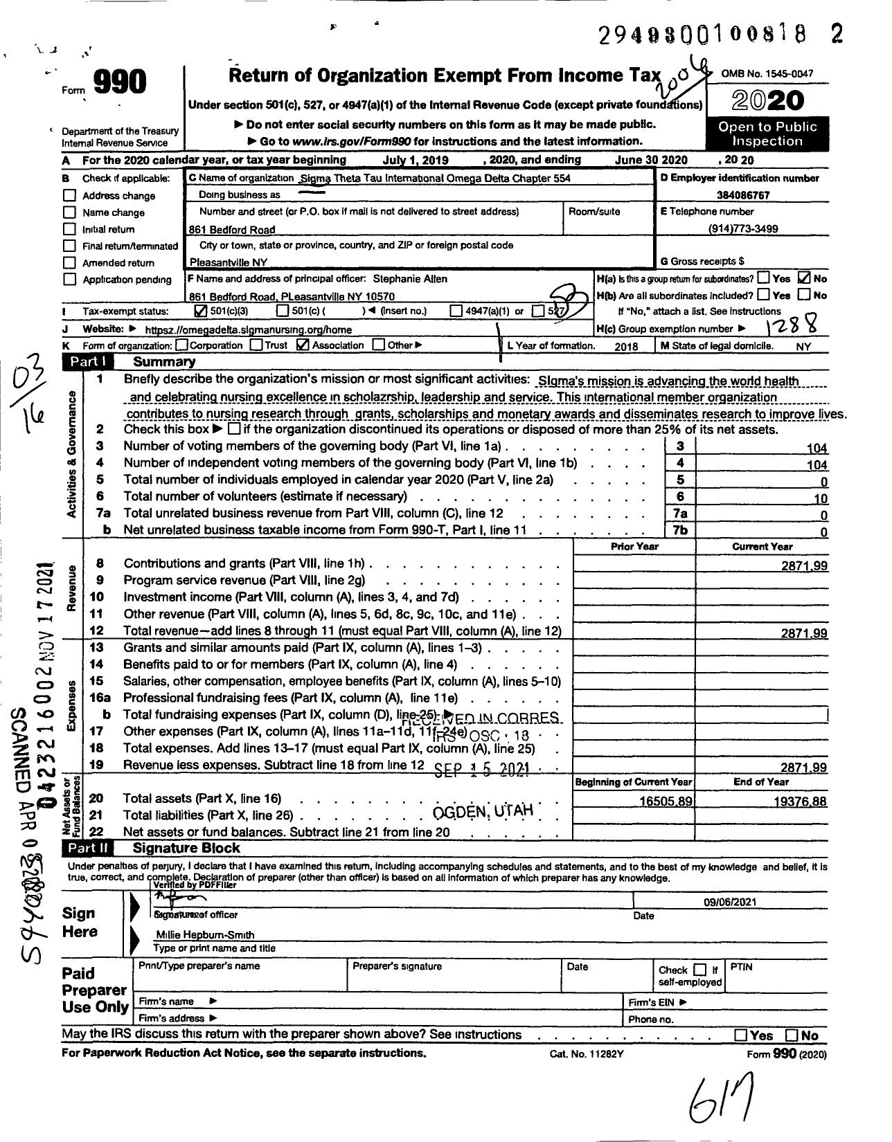 Image of first page of 2019 Form 990 for Sigma Theta Tau - 554 Omega Delta Chapter