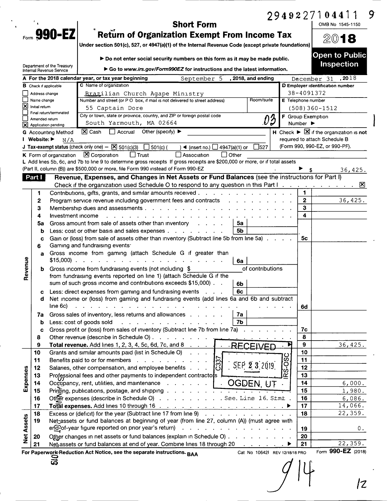 Image of first page of 2018 Form 990EZ for Brazilian Church Agape Ministry