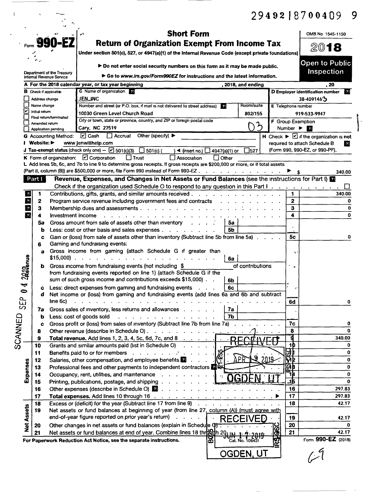 Image of first page of 2018 Form 990EZ for Jen