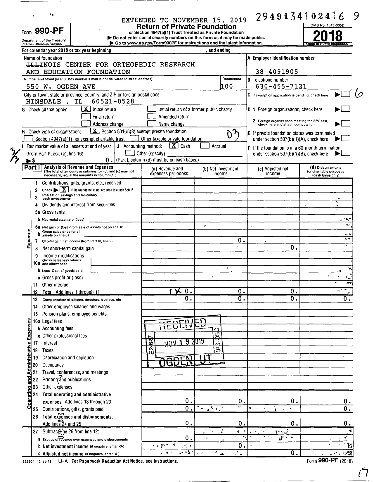 Image of first page of 2018 Form 990PF for Illinois Center for Orthopedic Research and Education Foundation