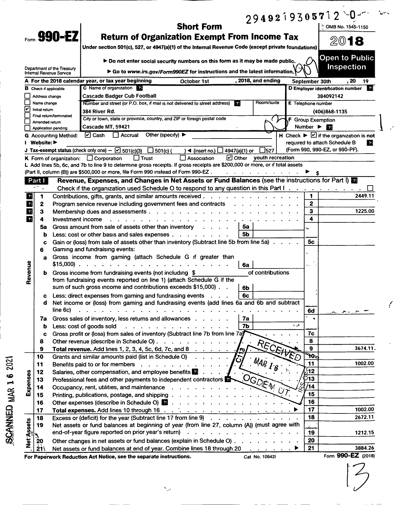 Image of first page of 2018 Form 990EZ for Cascade Badger Cubs Football