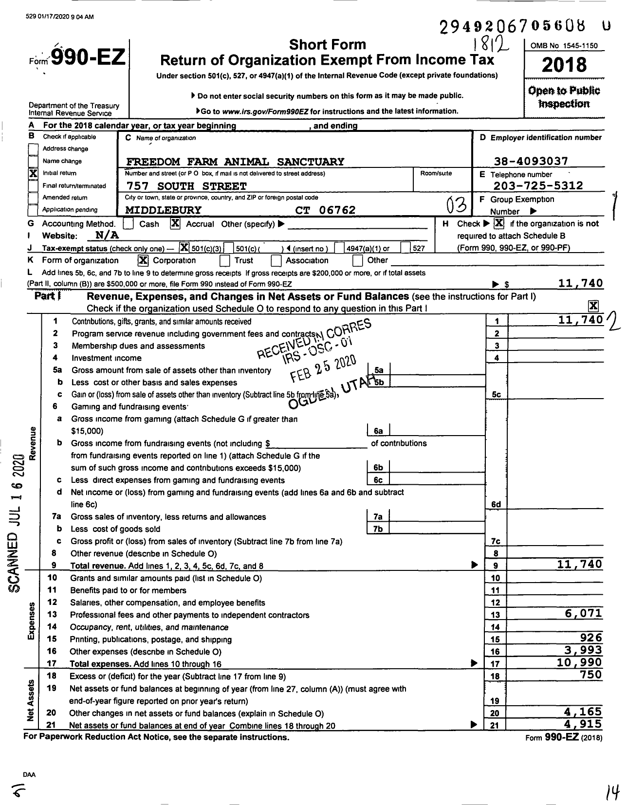 Image of first page of 2018 Form 990EZ for Freedom Farm Animal Sanctuary