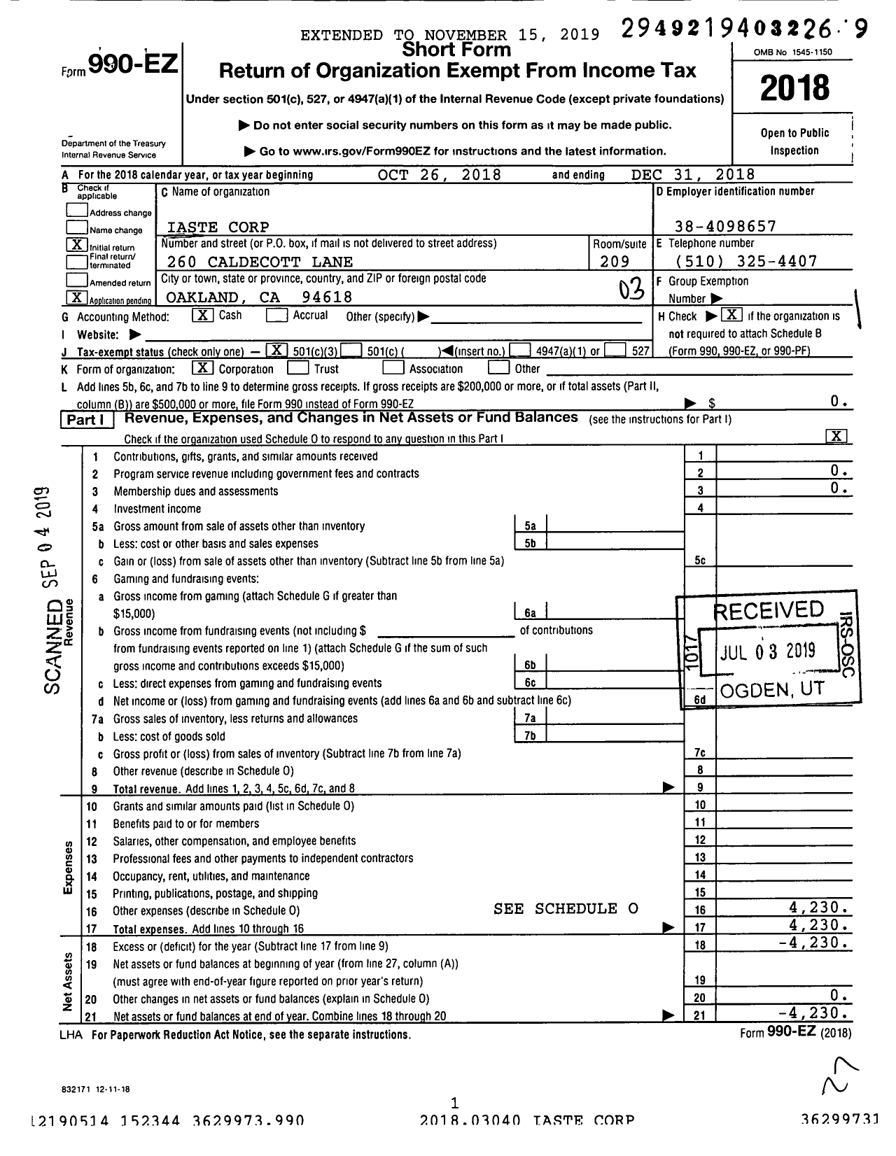 Image of first page of 2018 Form 990EZ for IASTE Corp