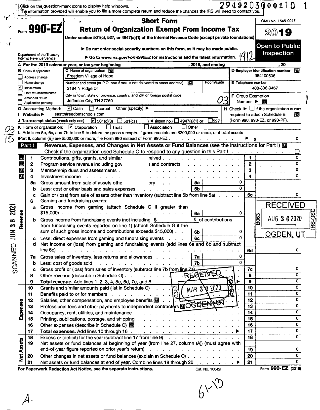 Image of first page of 2019 Form 990EZ for East Tennessee Freedom Schools