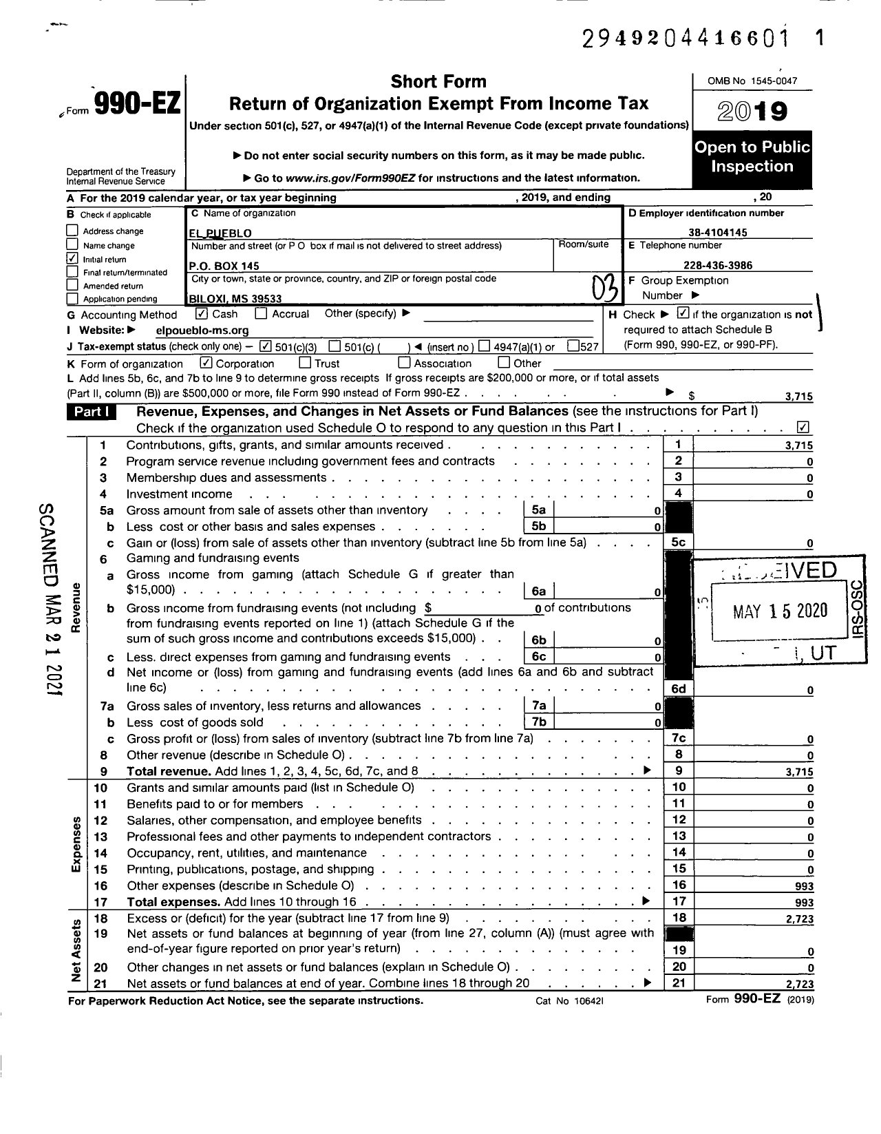 Image of first page of 2019 Form 990EZ for El Pueblo