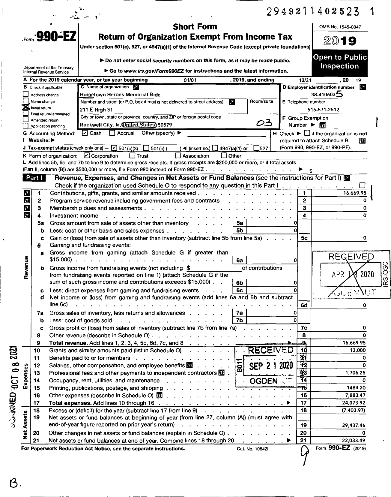 Image of first page of 2019 Form 990EZ for Hometown Hereos Memorial Ride