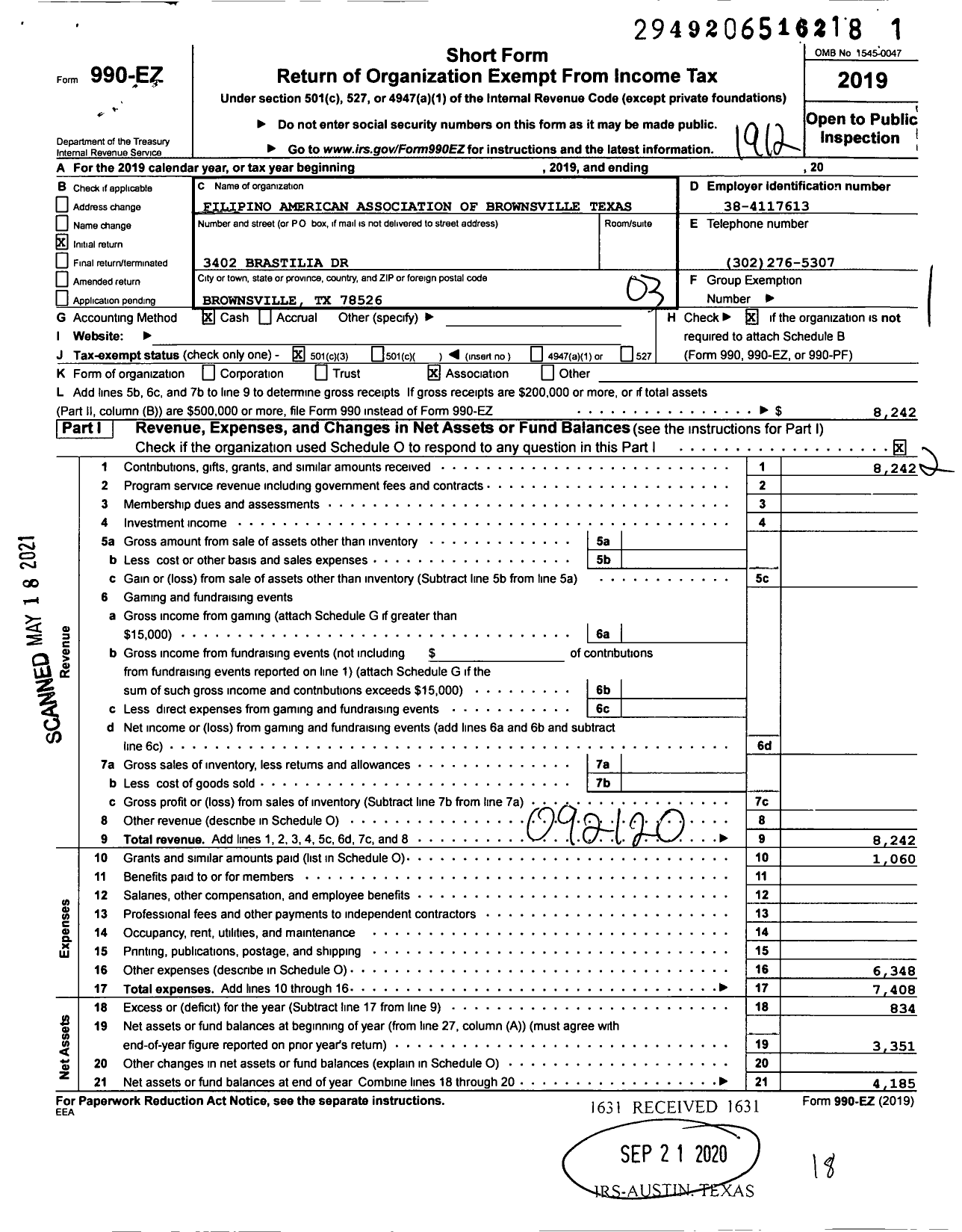 Image of first page of 2019 Form 990EZ for Filipino American Association of Brownsville Texas