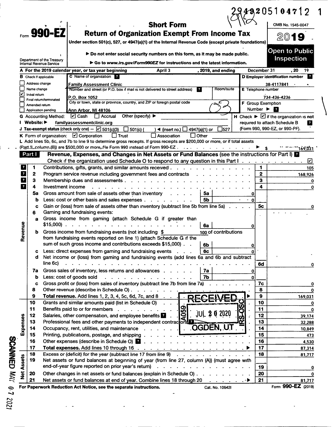 Image of first page of 2019 Form 990EZ for Family Assessment Clinic