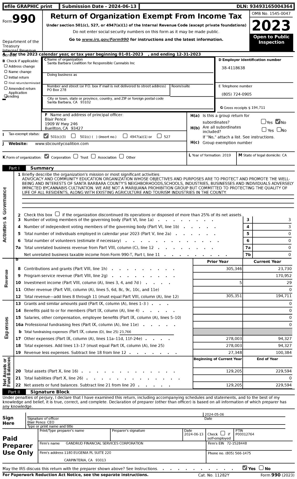 Image of first page of 2023 Form 990 for Santa Barbara Coalition for Responsible Cannabis