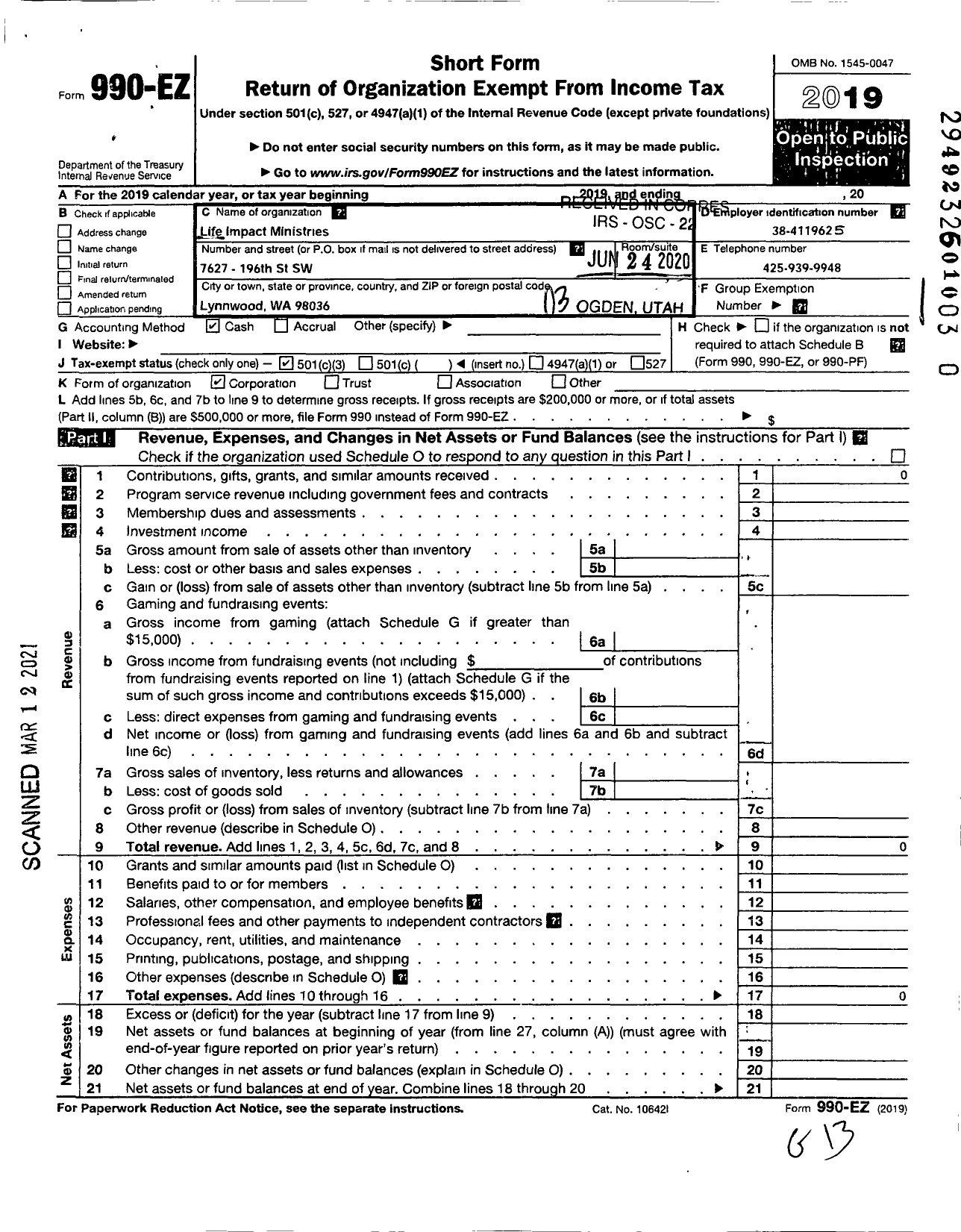 Image of first page of 2019 Form 990EZ for Life Impact Ministry