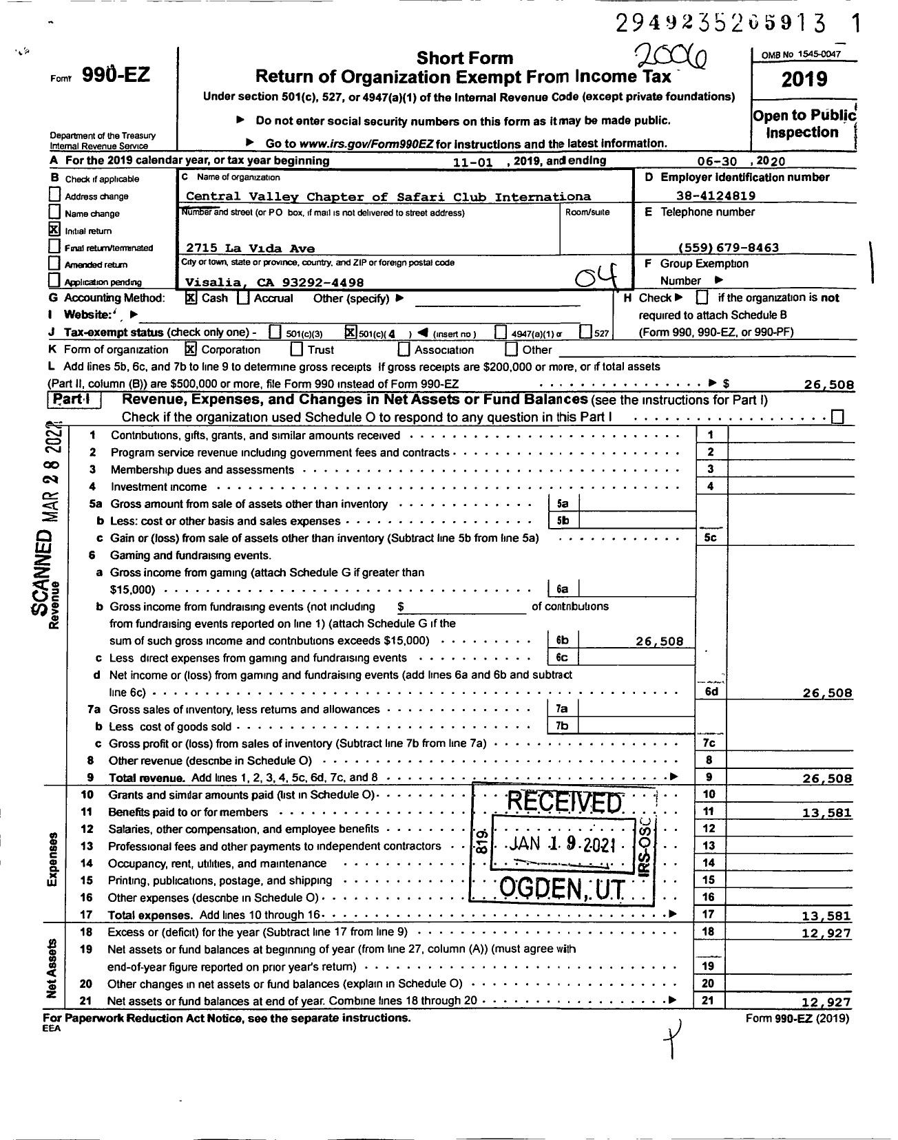 Image of first page of 2019 Form 990EO for Safari Club International