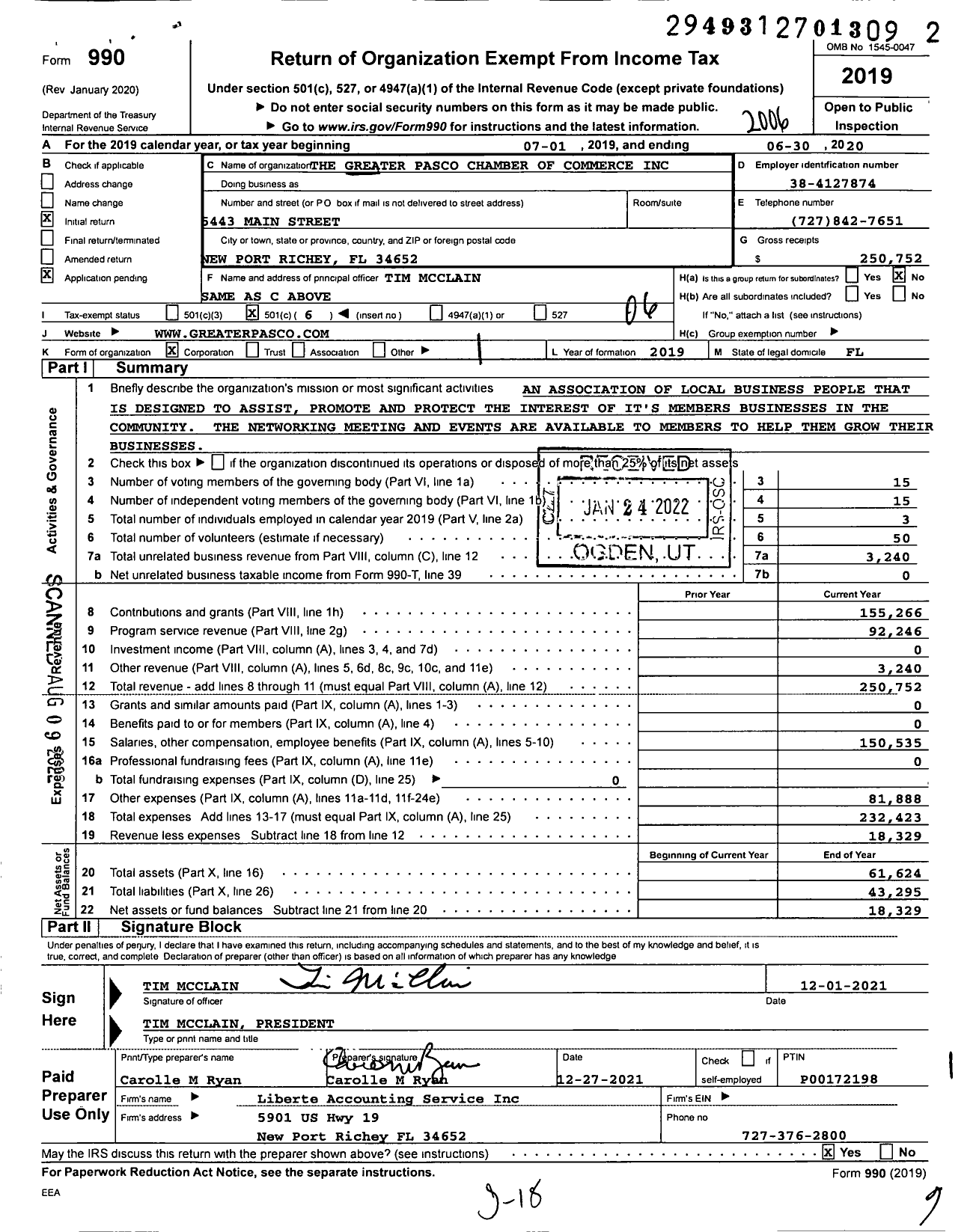 Image of first page of 2020 Form 990O for The Greater Pasco Chamber of Commerce