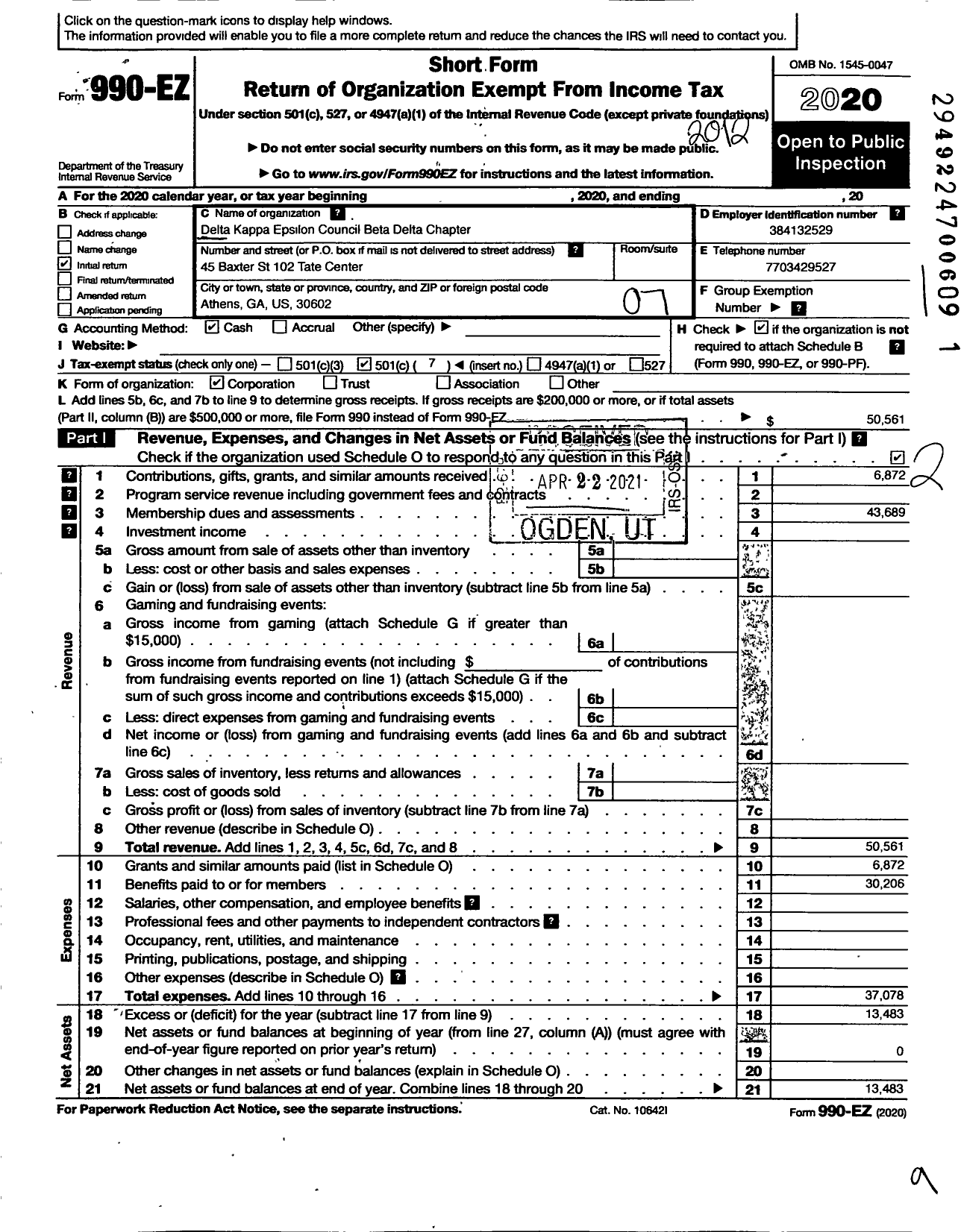 Image of first page of 2020 Form 990EO for Delta Kappa Epsilon Council Beta Delta Chapter