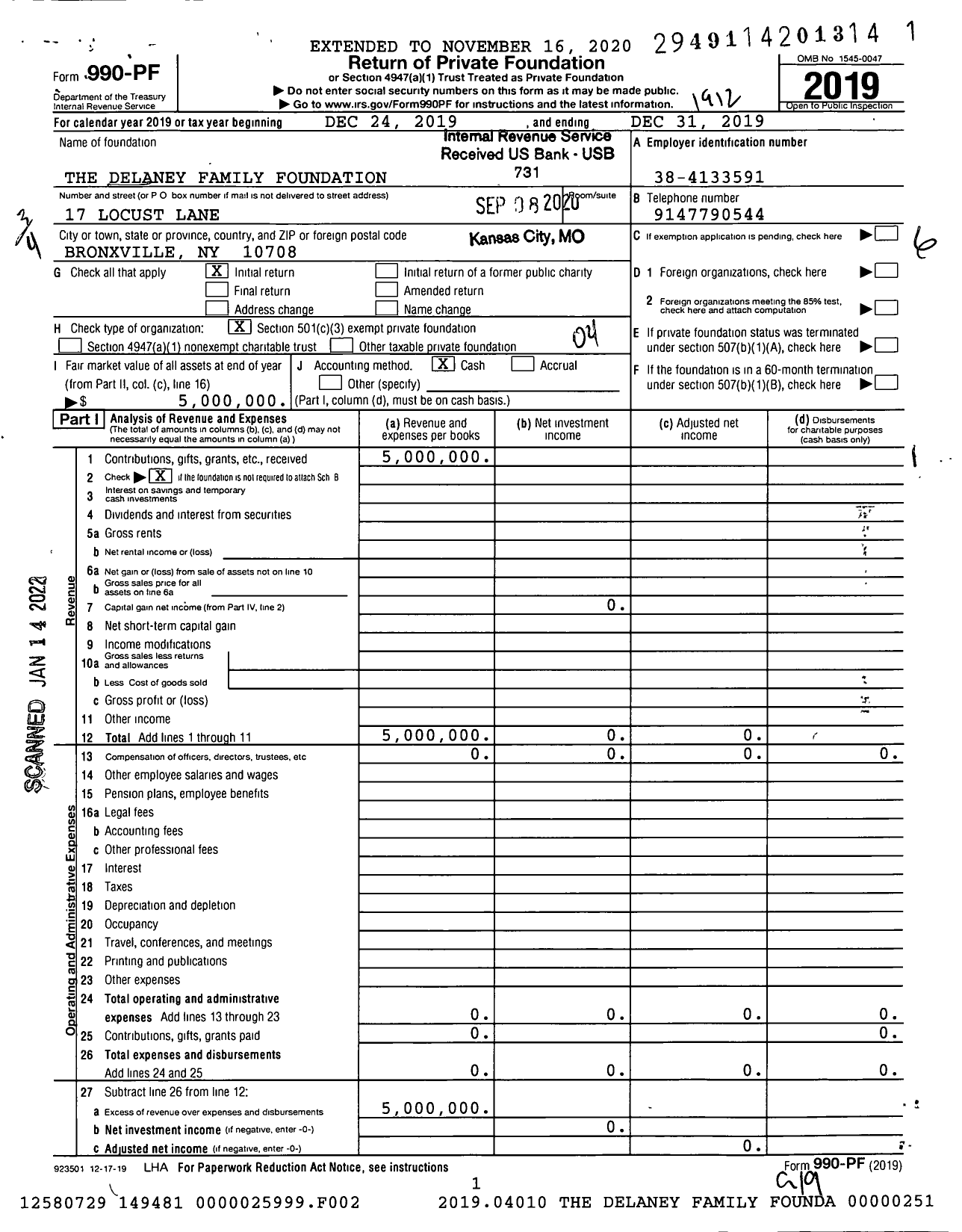 Image of first page of 2019 Form 990PF for The Delaney Family Foundation