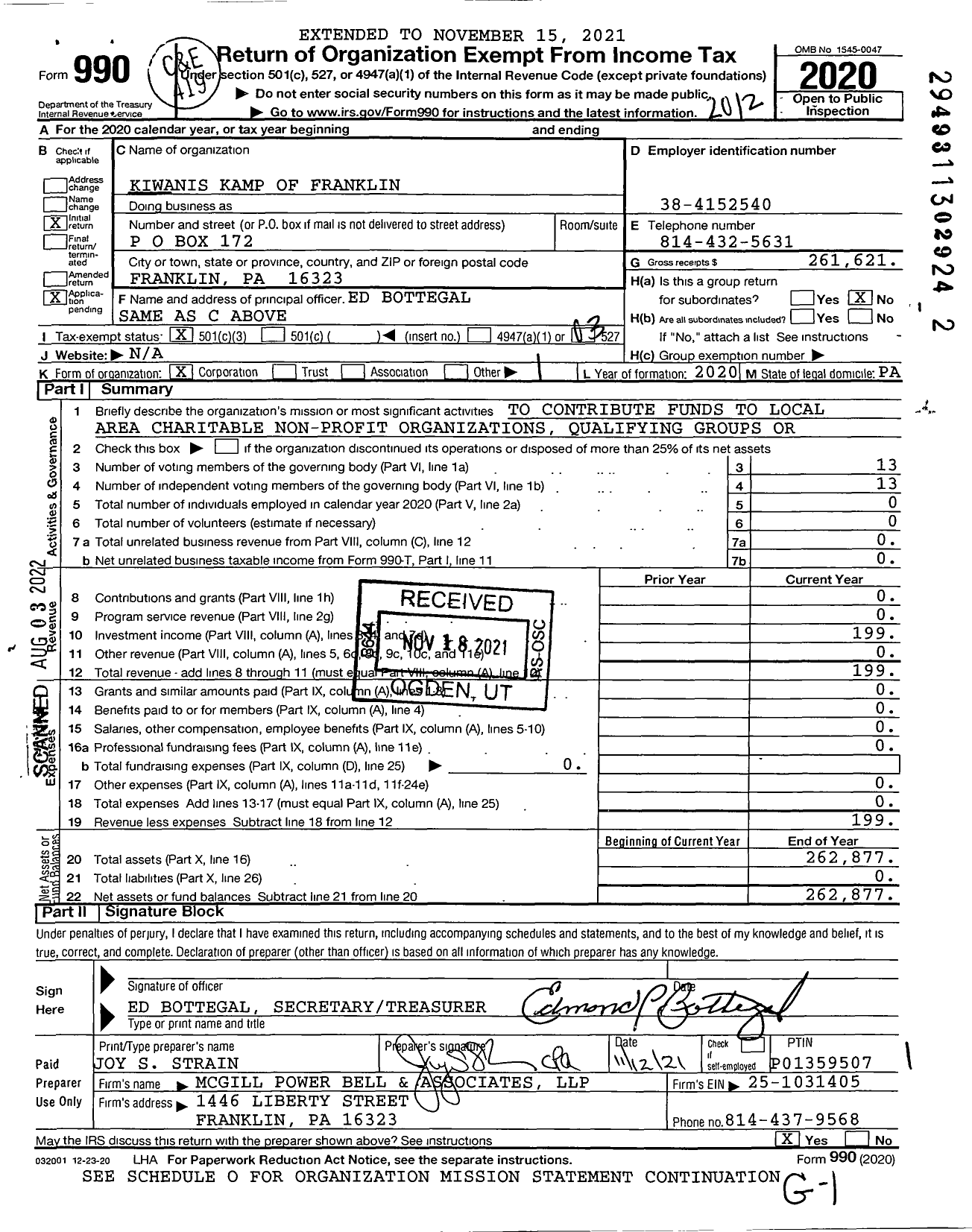 Image of first page of 2020 Form 990 for Kiwanis Kamp of Franklin