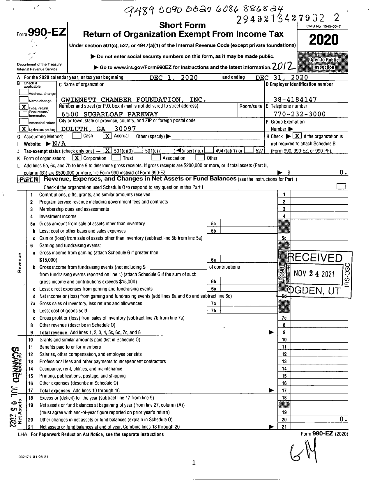 Image of first page of 2020 Form 990EZ for Gwinnett Chamber Foundation