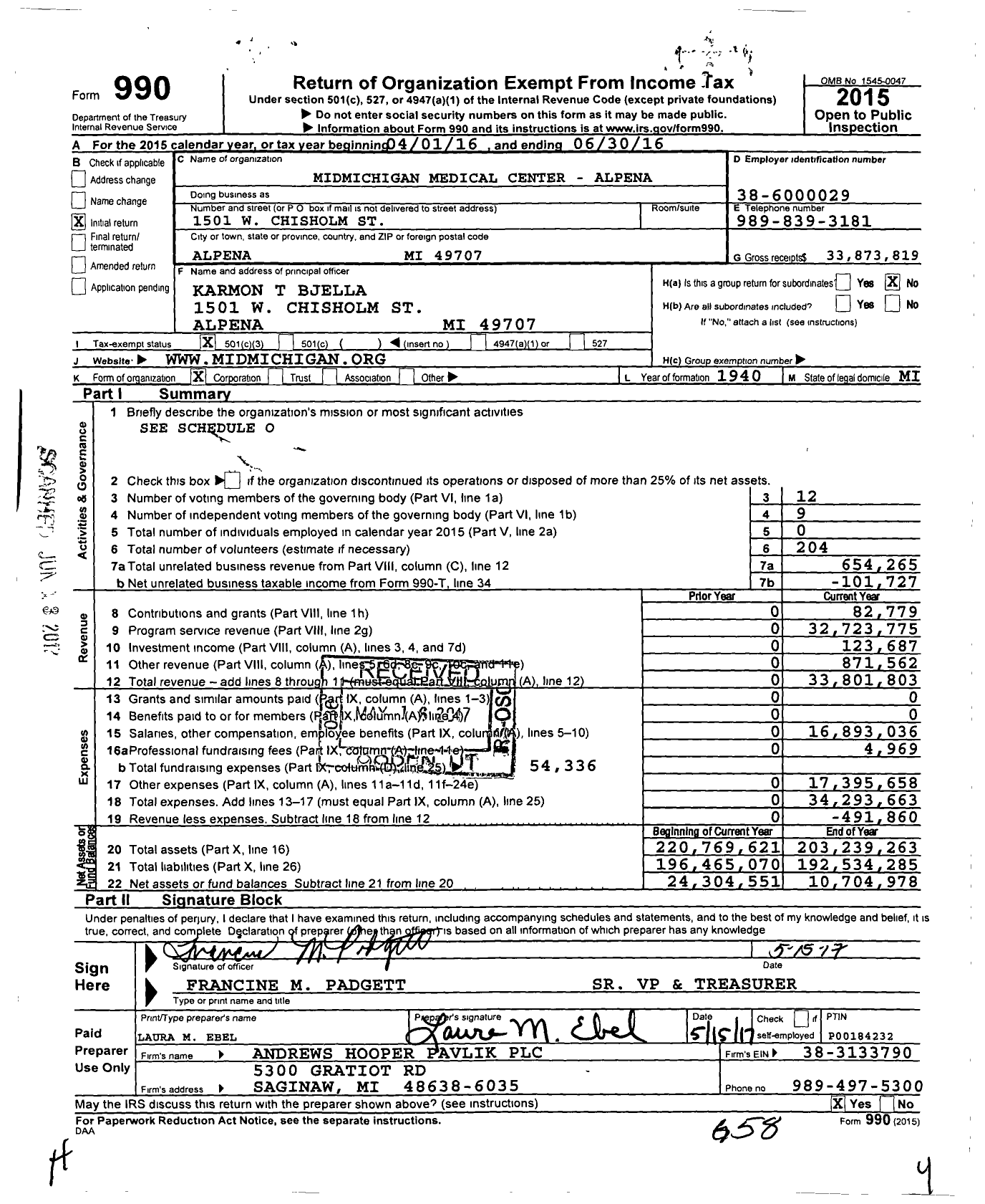 Image of first page of 2015 Form 990 for Mymichigan Medical Center Center-Alpena