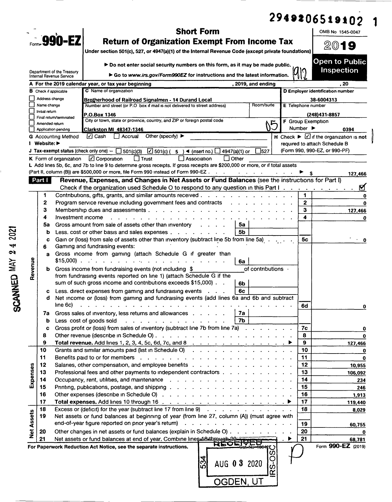 Image of first page of 2019 Form 990EO for Brotherhood of Railroad Signalmen - 14 Durand Local