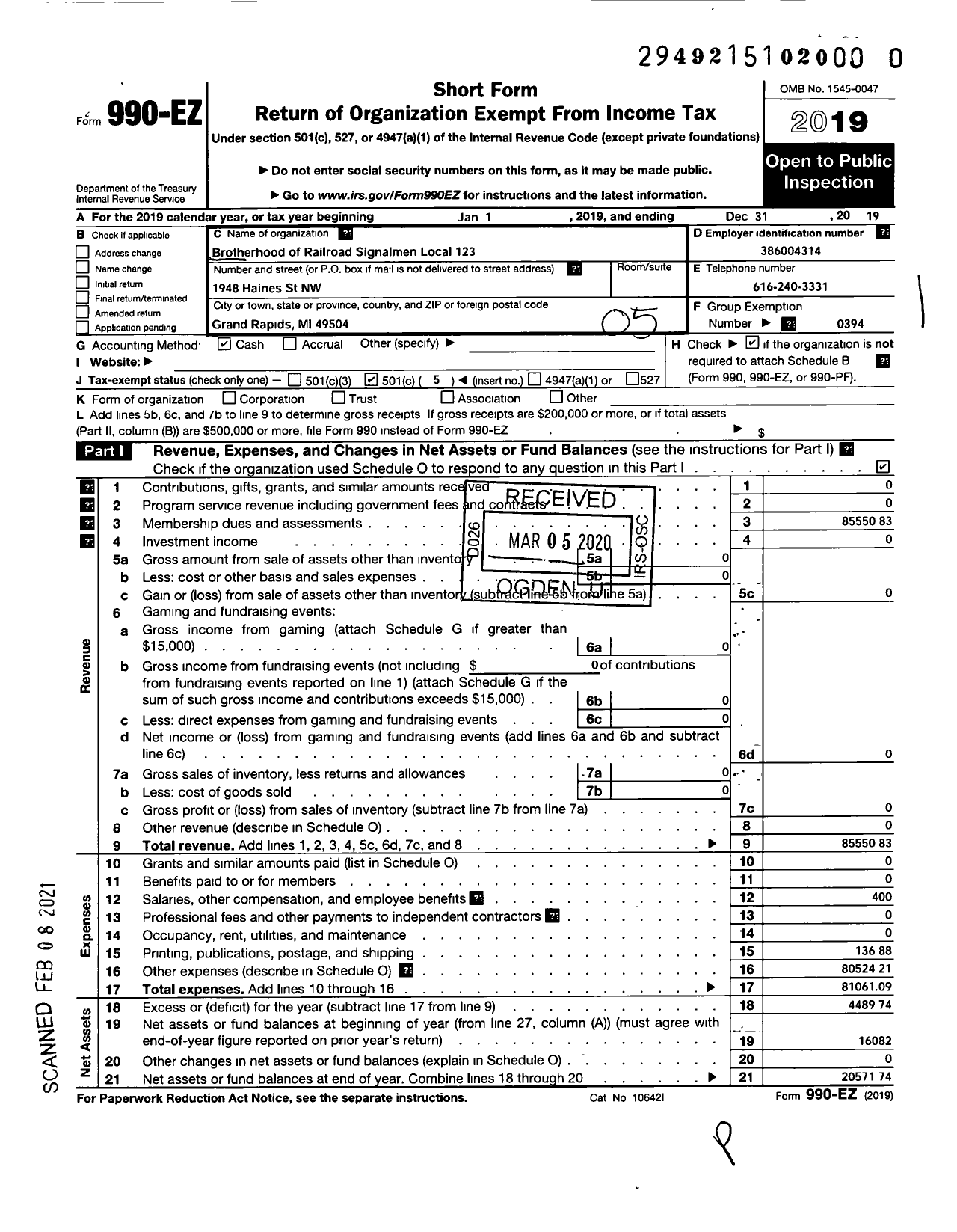 Image of first page of 2019 Form 990EO for BROTHERHOOD OF RAILROAD SIGNALMEN - 123 VALLEY CITY Local