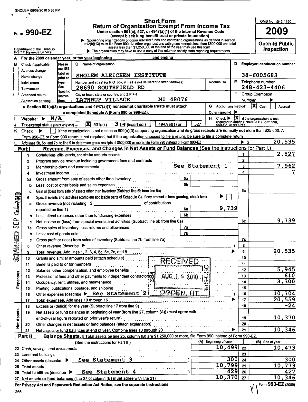 Image of first page of 2009 Form 990EZ for Sholem Aleichem Institute