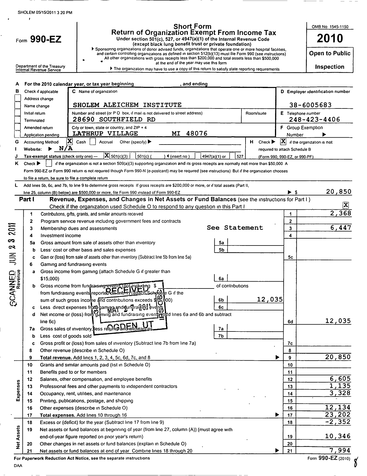 Image of first page of 2010 Form 990EZ for Sholem Aleichem Institute