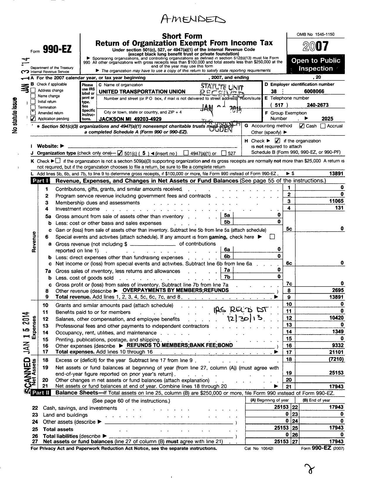 Image of first page of 2007 Form 990EO for International Association of Sheet Metal Air Rail and Transportation / 278 TD