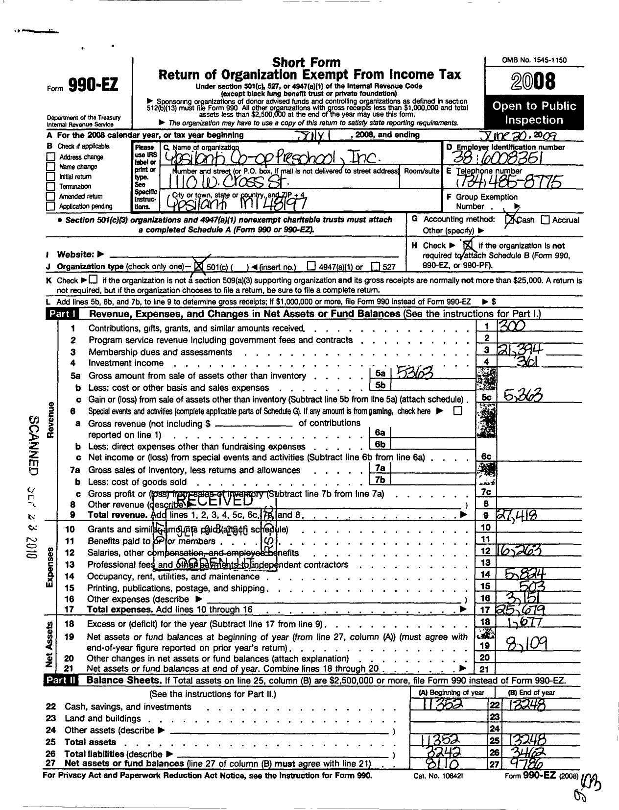 Image of first page of 2008 Form 990EO for Ypsilanti Cooperative Preschool