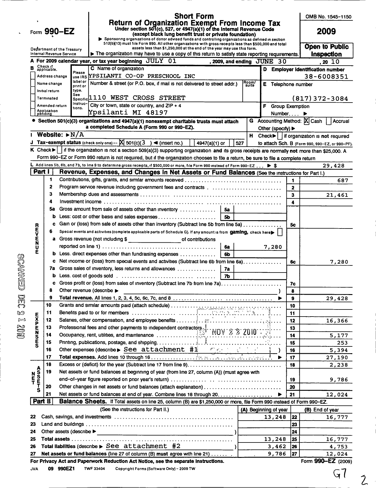 Image of first page of 2009 Form 990EZ for Ypsilanti Cooperative Preschool