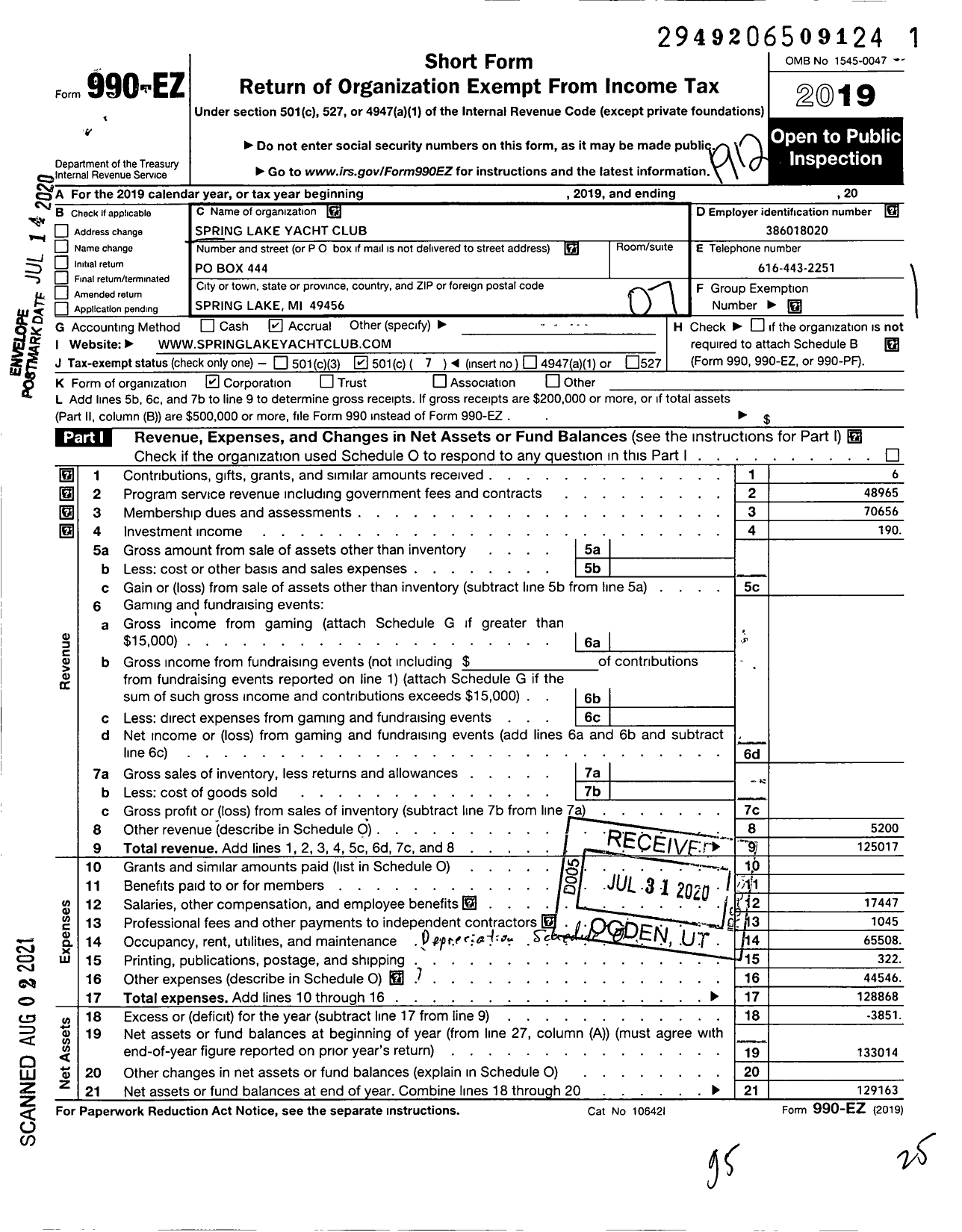 Image of first page of 2019 Form 990EO for Spring Lake Yacht Club