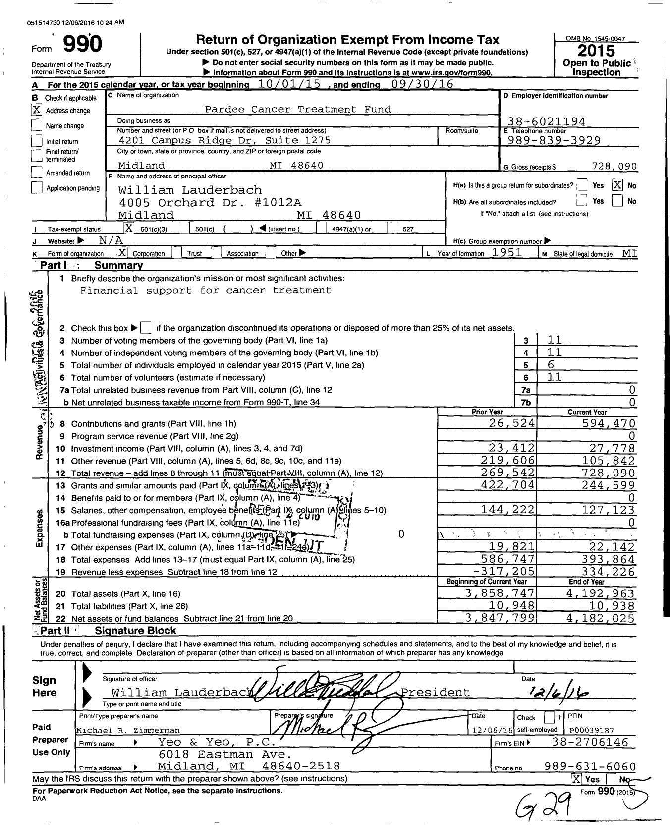 Image of first page of 2015 Form 990 for Pardee Cancer Treatment Fund of Midland and Gladwin