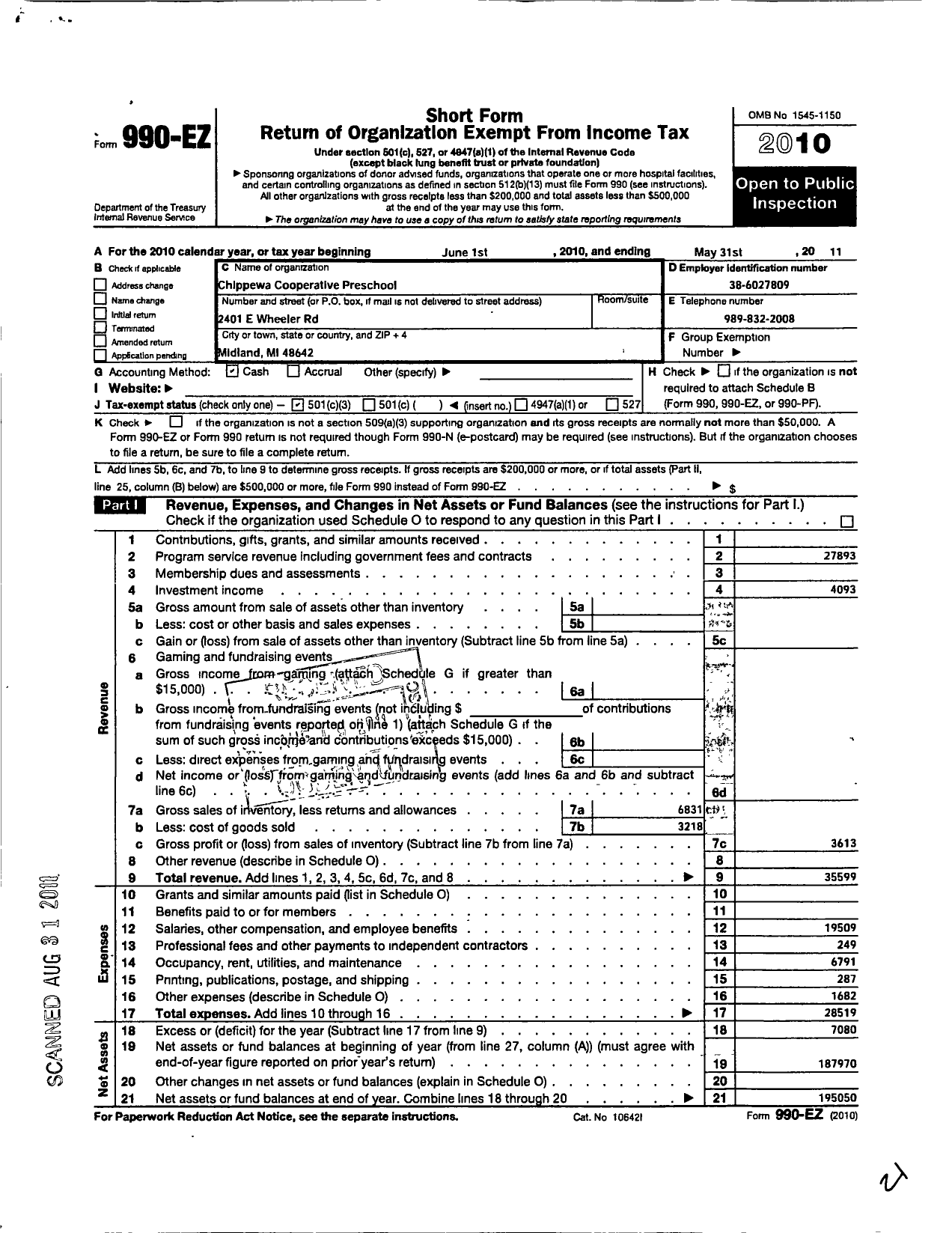 Image of first page of 2010 Form 990EZ for Chippewa Cooperative Preschool