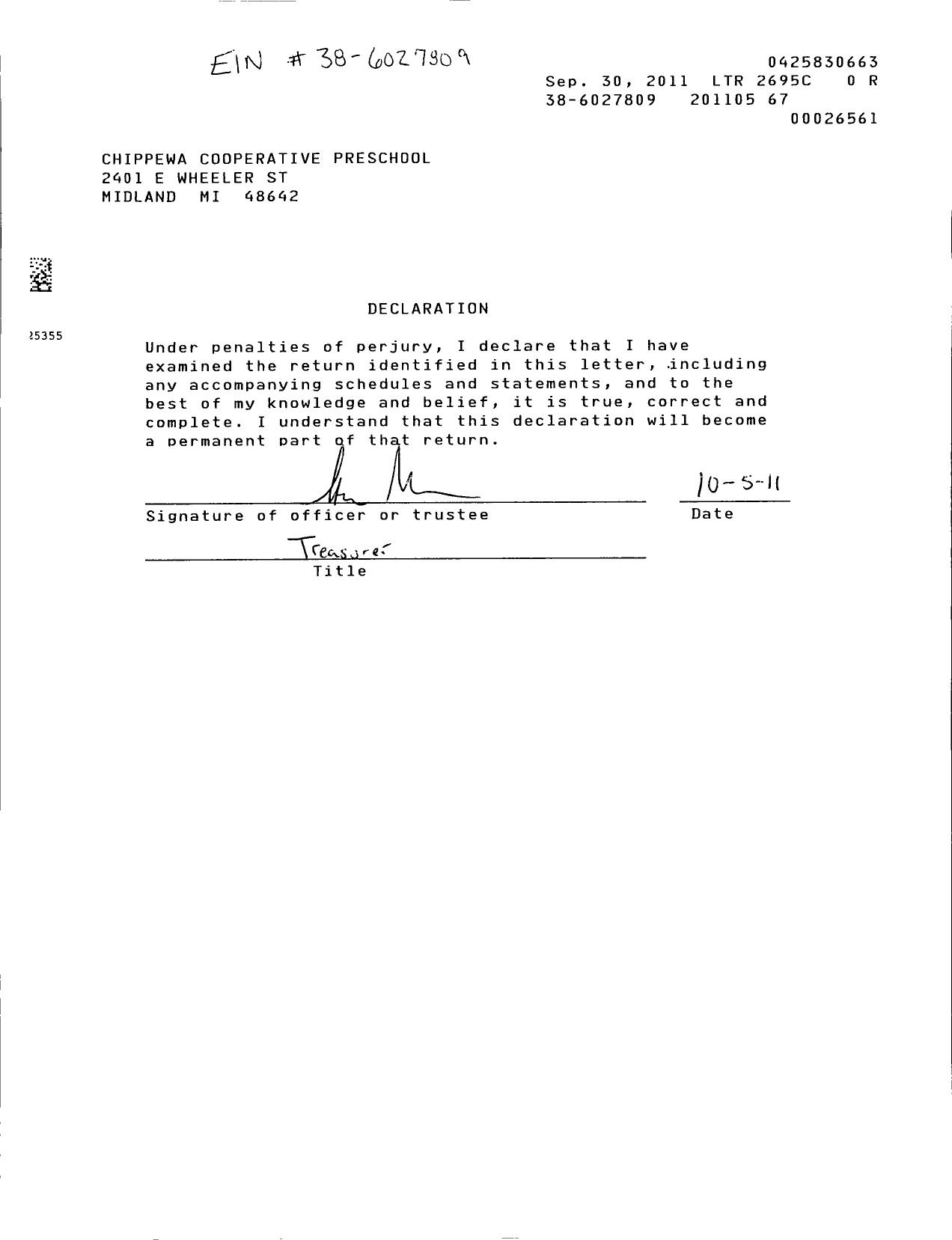 Image of first page of 2010 Form 990ER for Chippewa Cooperative Preschool