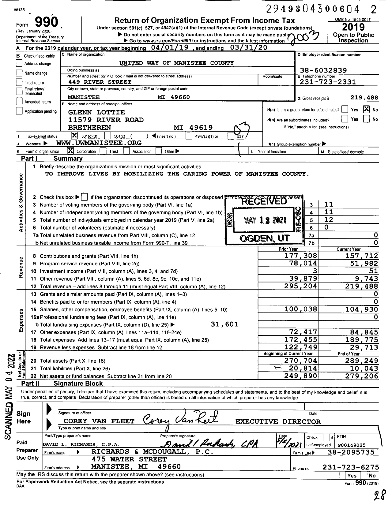 Image of first page of 2019 Form 990 for United Way of Manistee County