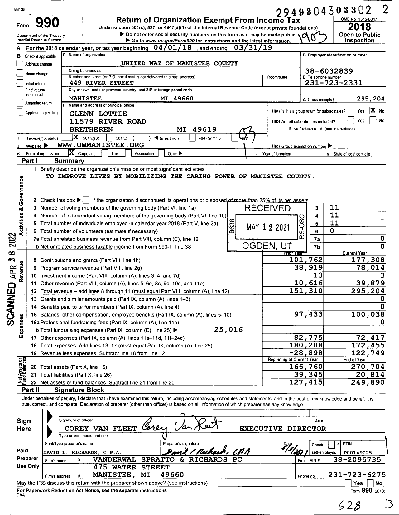 Image of first page of 2018 Form 990 for United Way of Manistee County