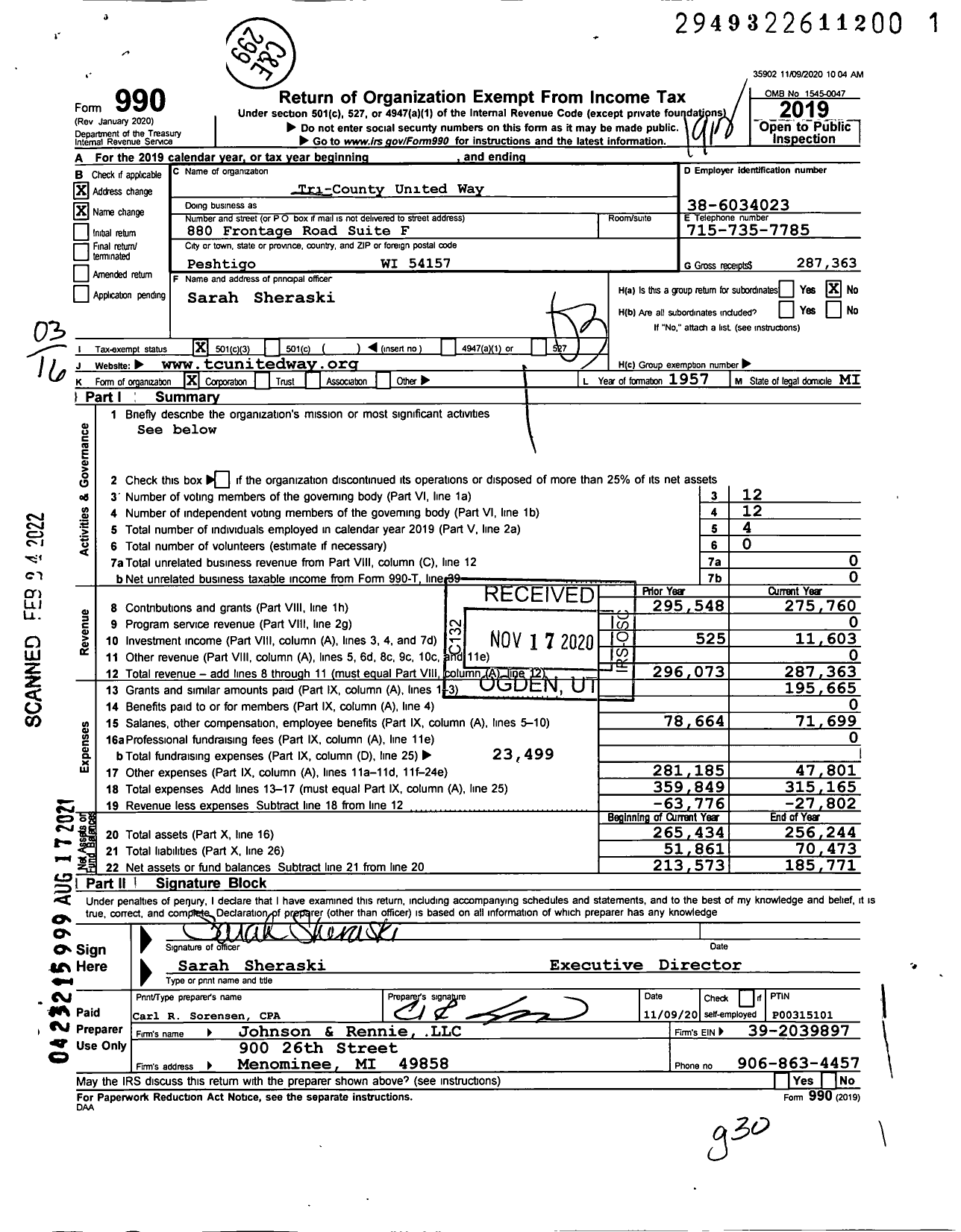 Image of first page of 2019 Form 990 for Tri-County United Way