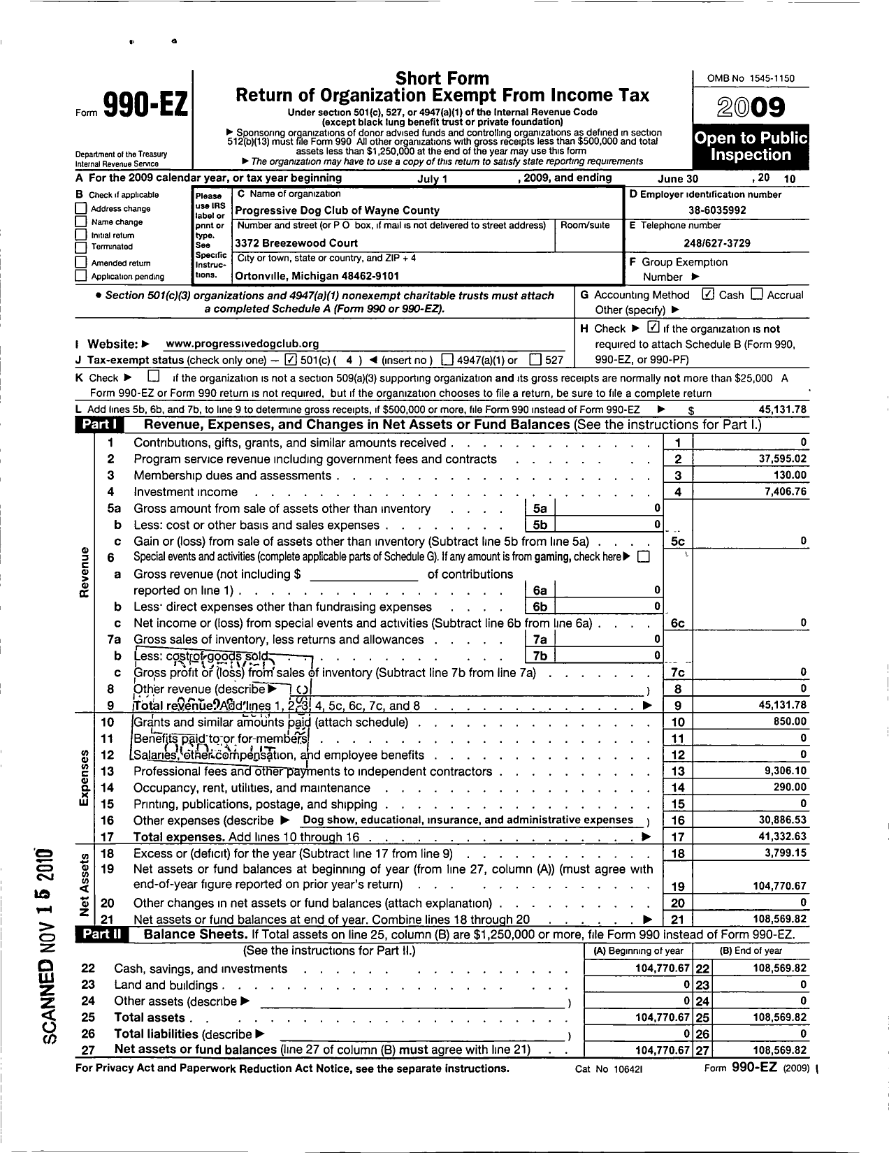 Image of first page of 2009 Form 990EO for Progressive Dog Club of Wayne County