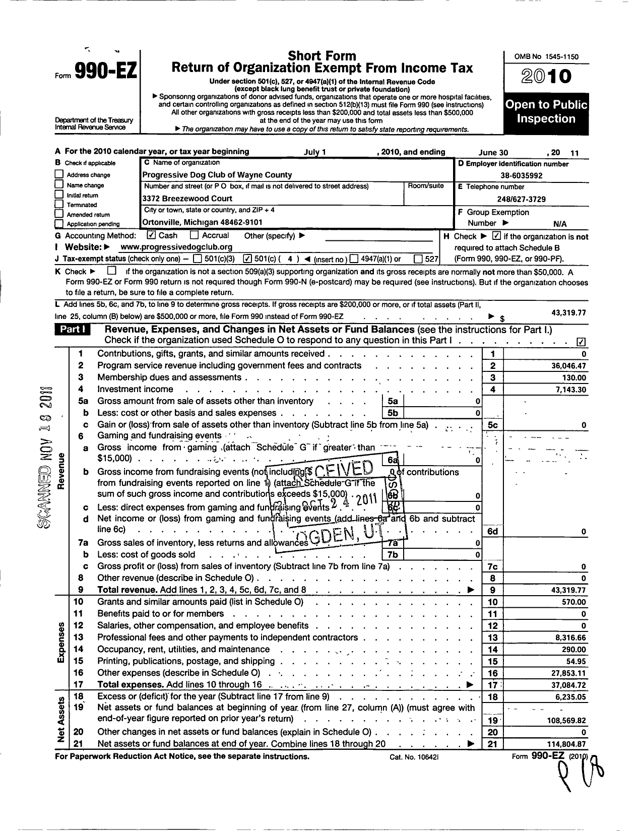 Image of first page of 2010 Form 990EO for Progressive Dog Club of Wayne County