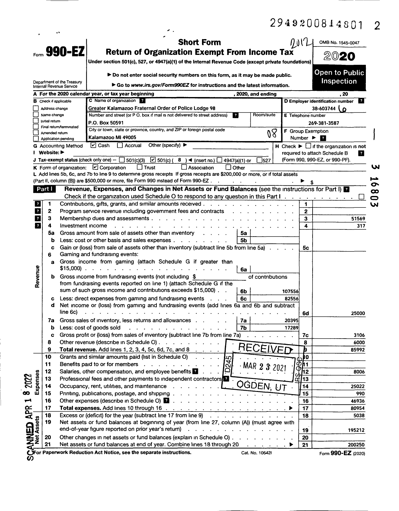 Image of first page of 2020 Form 990EO for Fraternal Order of Police - 98 Greater Kalamazoo Lodge