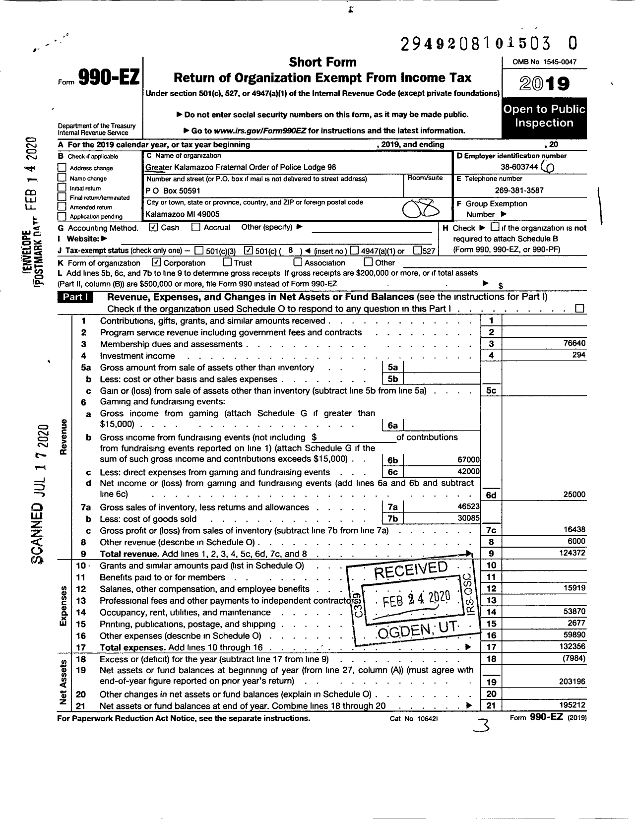 Image of first page of 2019 Form 990EO for Fraternal Order of Police - 98 Greater Kalamazoo Lodge